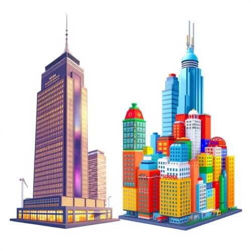 Comparison of traditional martech (monolithic skyscraper) vs. composable martech (flexible LEGO city).